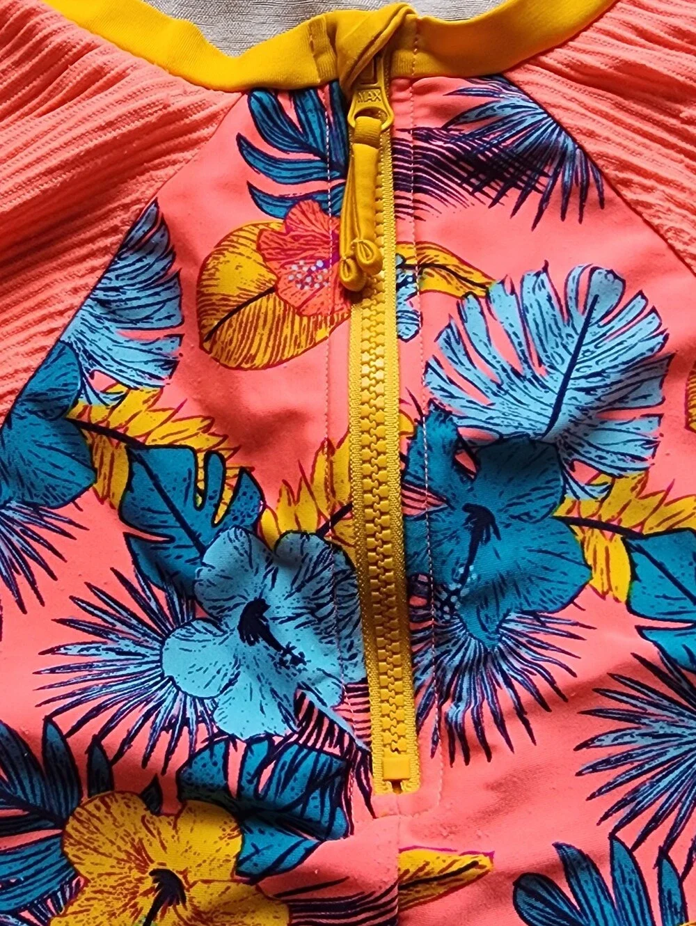 Girls Size 10-12 Swimsuit By Art Class, Bright Floral Print, Snags On Sleeves